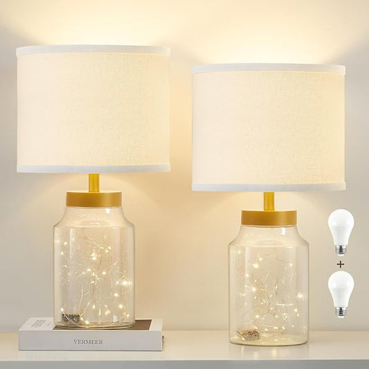 GyroVu Fillable Table Lamp, Bedside Lamp with Clear Glass Fillable Lamp Nightstand Lamp for Living Room Bedrooms Office, Bulbs Included(Gold+White Lampshade)