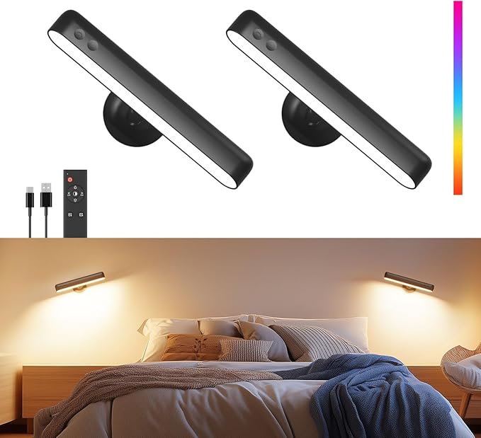 Rechargeable LED Wall Sconces for Bedroom,Wall Lights with Remote Control and Touch,360° Rotation,3 Colors Temperatures Dimmable Black Wall Lamps for Living Room with 15 RGB Colors,2 Pack