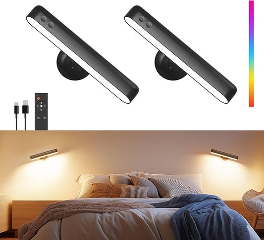 Rechargeable LED Wall Sconces for Bedroom,Wall Lights with Remote Control and Touch,360° Rotation,3 Colors Temperatures Dimmable Black Wall Lamps for Living Room with 15 RGB Colors,2 Pack