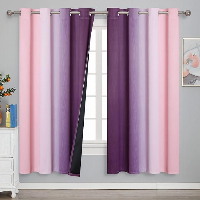 Estelar Textiler Ombre Pink and Purple Blackout Curtains 72 Inch Length 2 Panels, Full Light Blocking Curtains for Bedroom, Grommet Thermal Insulated Gradient Drapes for Living Room, 52x72 Inch