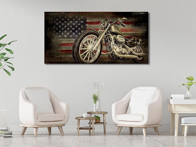 yearainn American Flag Motorcycle Wall Art - Vintage Map of USA Pictures Retro Motorcycle Wall Decor American Freedom Ride Canvas Painting Print Modern Classic Artwork for Office Home Decor 29" x 58"