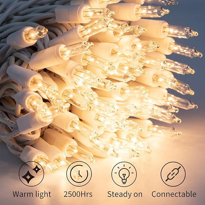 Brightown 50 Count Warm White Christmas Lights, Clear Mini Incandescent Lights on White Wire, Christmas Tree String Lights for Indoor Outdoor Decorations(12ft)