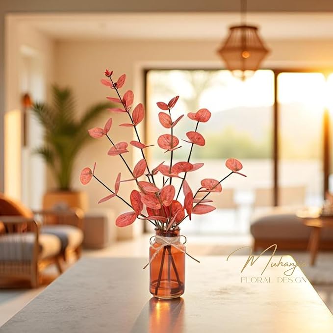 Artificial Eucalyptus Stems in Amber Glass Vase with Faux Water,3Pcs Fake Plant with Double-Sided Orange Leaves for Centerpiece (Double-Sided Orange Eucalyptus)