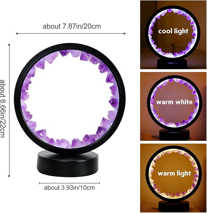 Runyangshi Amethyst Tooth Night Lamp 8.6" Natural Healing Crystal Bedside Lamp USB Port 3 Colours Dimming Mode Bedroom Lamp Suitable Night Light Ideal Gift
