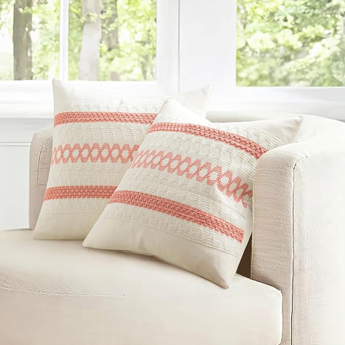 MIULEE Set of 2 Coral Red Boho Decorative Pillow Covers 20x20 Inch Farmhouse Rustic Couch Throw Pillows Modern Summer Cotton Cushion Covers Retro Cute Macrame Woven Home Decor for Bed Sofa Chair