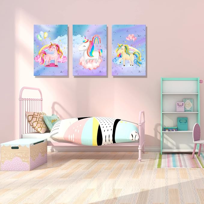 YUANAND Unicorn Wall Art Girl's Bedroom Decor - Rainbow Canvas Pictures for Kids Nursery Home Decor - Watercolor Framed Posters Paintings