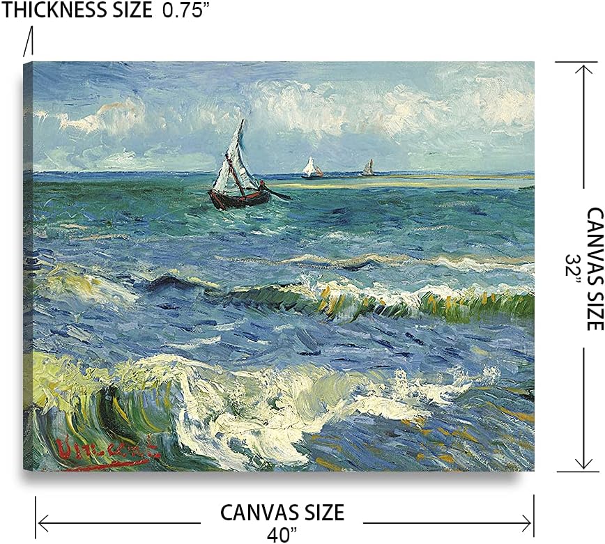 DECORARTS - The Sea at Les Saintes-Maries-de-la-Mer, Vincent Van Gogh Art Reproduction. Giclee Print on Canvas. Wall Art for Home. 40x32