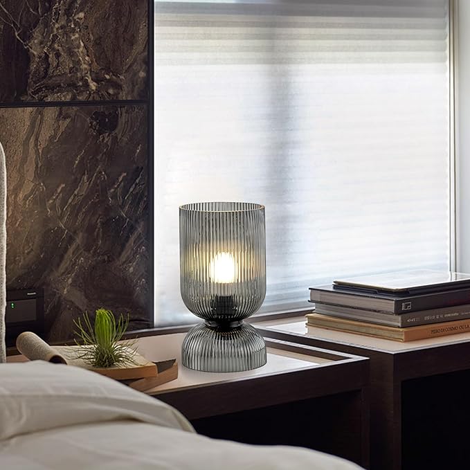 Modern RGB Glass Table Lamp with Remote,Color Changing Bedside Lamp with Ribbed Glass Shade, 16 Colors, On/Off Cord Switch, Nightstand Lamp for Bedroom, Living Room, Office, Bulb Included