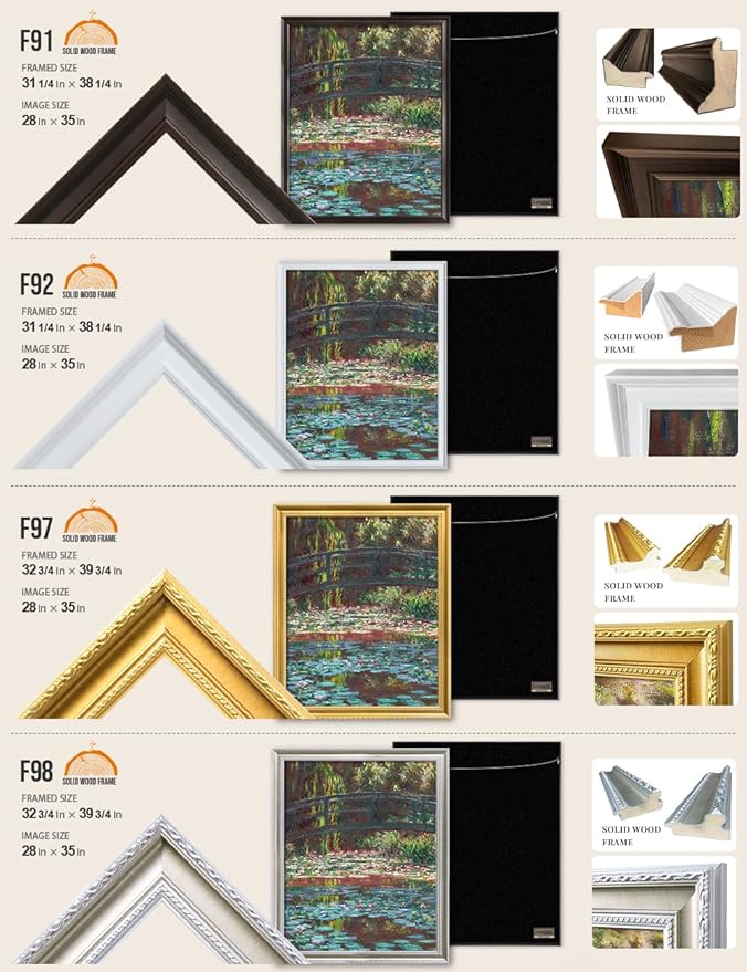 DECORARTS - Claude Monet Water Lily Pond, Large Framed Wall Art, Canvas Size 28x35, Outer Dimensions Larger With Customizable Solid Wood Frames, Giclee Canvas Print, Made in USA