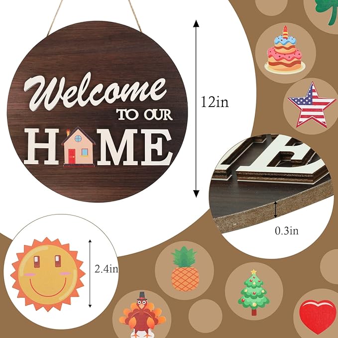 Interchangeable Welcome Sign for Front Door with 4 Seasonal Wreaths and 14 Changeable Icons, Farmhouse Front Door Signs, Door Decoration Porch Decor, Seasonal Wooden Home Sign home décor (6wood)