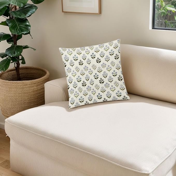 COMMINY Sage Green Blue Floral Pillow Cover 18x18 Set of 6 Minimalist Modern Throw Pillow Covers Square Cushion Covers for Couch Sofa Living Room Home Decor