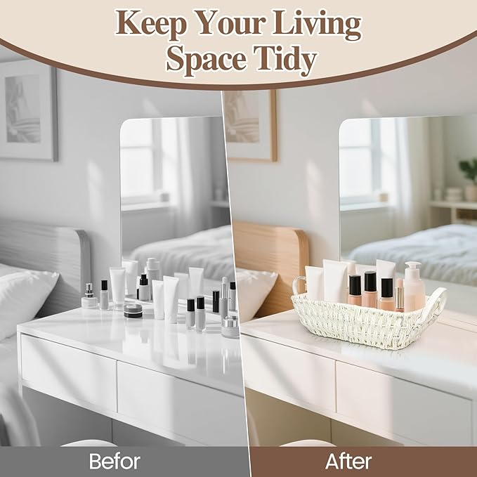 Paper Rope Woven Toilet Paper Basket, Small Wicker Storage Baskets for Organizing with Handles, Bedroom Decor Baskets Toilet Tank Shelf Storage Bins (Set of 2, White)