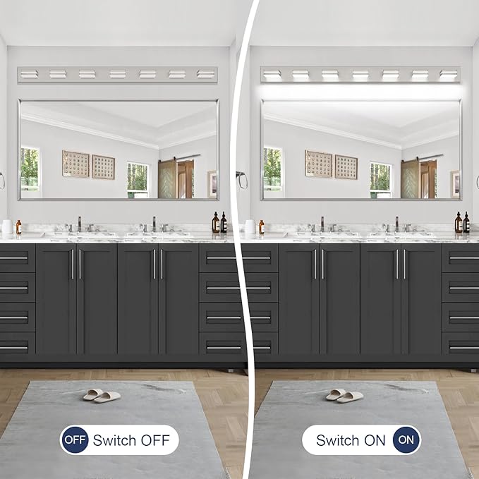 SineRise LED Modern Bathroom Vanity Light Fixtures (7-Light, 55-Inch, Dimmable), Brushed Nickel Modern Acrylic Bathroom Wall Lighting Fixtures Over Mirror (Cool White 6000K)