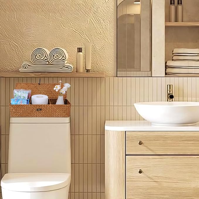 Nonam Seagrass Storage Small Basket with Lid - 3-Section Divided Organizer for Tea,Sugar,Coffee,Tampons - Woven Shelf Bin for Closet, Toilet Tank - Rectangular Narrow Boho Basket Home Decor