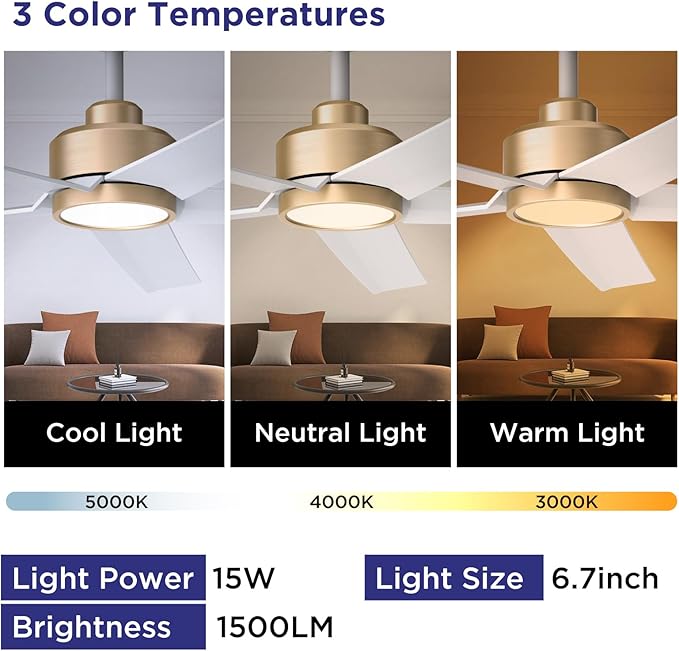 ocioc 2-Pack 52 inch Ceiling Fans with Liights Ultra Quiet DC Motor 3 Color Temperatures Modern Ceiling Fan for Bedroom Kitchen Indoor Covered Outdoor Gold