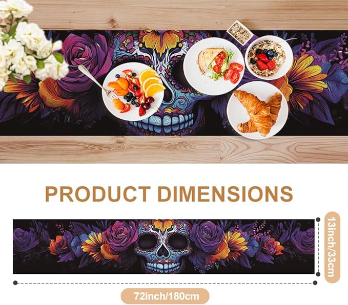 ANNA QUEEN Flowers Table Runner 13 x 72 Inch for Dining Table, Table Runner for Spring & Holiday Dining Decor Indoor Outdoor Party Home Table Decoration (Skull Flowers)