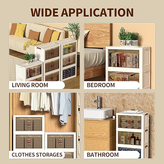 3-Tier Stackable Storage Bins with Lids & Open Front Design, Foldable Storage Bins with Wheels for Home Organization, Collapsible Space Saving Multi-Layer Storage Organizer, 35QT