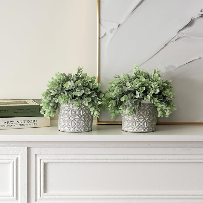 MyGift Artificial Eucalyptus Plant in Modern Gray Concrete Pots with Geometric Embossed Pattern (2, Grey)