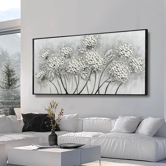Kureful Large Artwork Flowers Oil Painting Modern Home Decorations Floral Canvas Pictures for Living Room Bedroom Kitchen Office 29" x 58" (White)