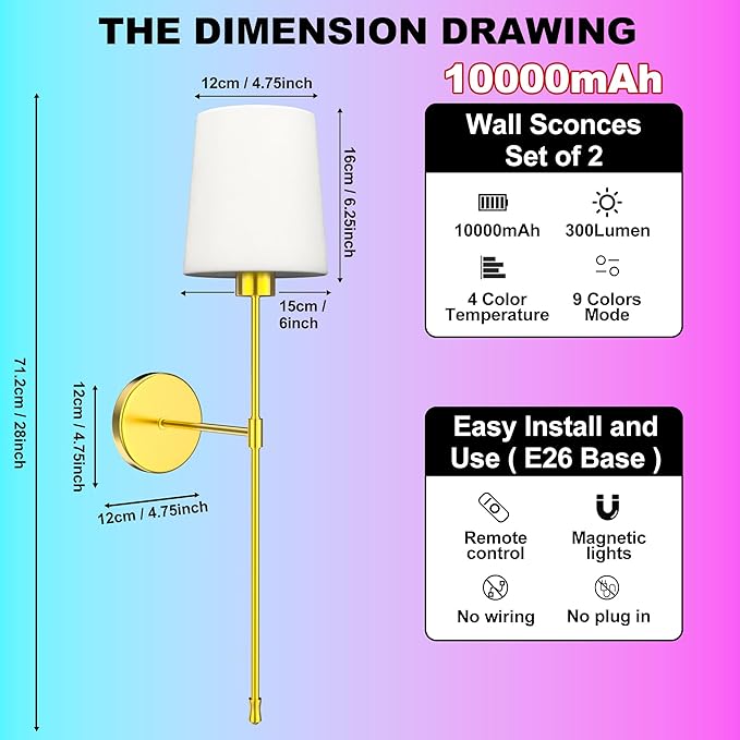 10000mAh Battery Operated Wall Sconces Set of Two, 28 Inches Long Wireless Sconces Set of 2 Wall Light with RGB Rechargeable Magnetic Bulb, Sconces Wall Decor Set of 2 for Bedroom Living Room, Gold