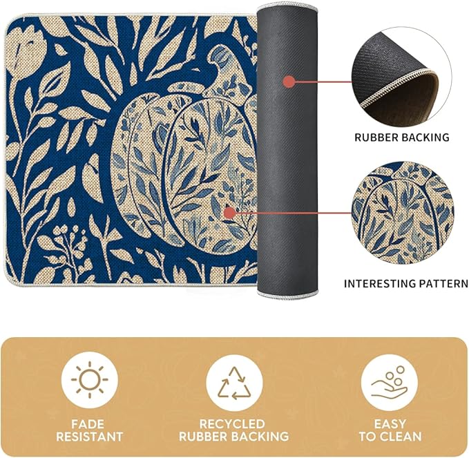 Artoid Mode Blue Flower Pumpkin Fall Kitchen Mats Set of 2, Autumn Home Decor Low-Profile Kitchen Rugs for Floor - 17x29 and 17x47 Inch