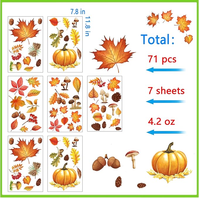 Fall Window Clings for Glass Windows, 71pcs Autumn Window Clings Maple Leaf Pumpkin Window Sticker Thanksgiving Decor, 7 Sheets Fall Decorations for Classroom Office Home Indoor Clearance Party