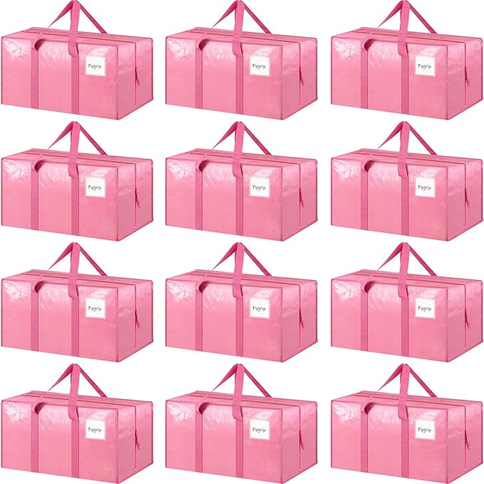 12 Pack Extra Heavy Duty Large Moving Bags with Strong Zipper & Comfortable Handles, Sturdy & Durable Clothes Storage Bags Totes Bins, Packing Moving Boxes for College Supplies, Pink