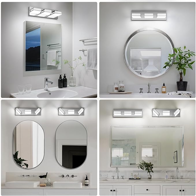 Modern LED Bathroom Lights Fixtures(3-Light),Metal Chrome Acrylic Wall Lighting,Vanity Lights for Bathroom Over Mirror(6000k 16In