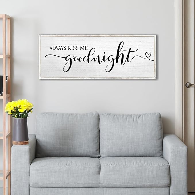 Always Kiss Me Goodnight Wall Sign 40''×15'' Vintage Master Bedroom Above Bed Farmhouse Wooden Framed Family Wall Decor for Larg Couples Over Bed Wall Art Decoration (White)