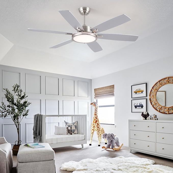 Ceiling Fans with Lights and Remote/APP Control, 52 Inch Flush Mount Ceiling Fan,11in 30W LED Ceiling Light, 3CCT, Quiet DC Motor Ceiling Fans for bedroom,Kitchen Brushed Nickel