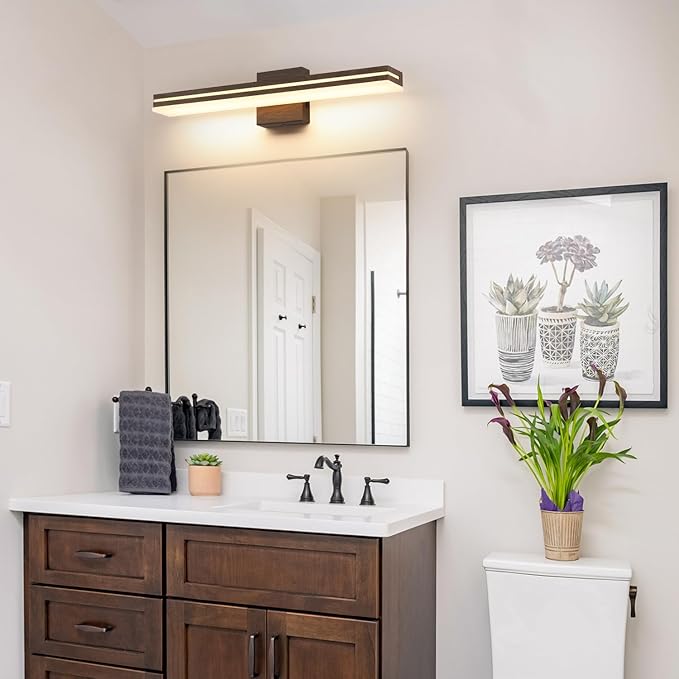 SineRise LED Modern Bathroom Vanity Light Fixtures (24-Inch, 3000K/4000K/6000K, Dimmable), Brown Wood Painted Modern Acrylic Bathroom Wall Lighting Fixtures Over Mirror