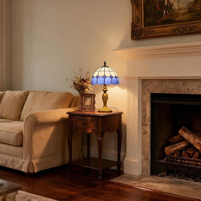 Tiffany-Style 8 Inch Table Lamp Mediterranean Series Stained Glass Lampshades Small Bedside Lamp Reading Antique Desk Light Livingroom Bedroom Office Vintage Art Deco Victorian(Color:Blue)