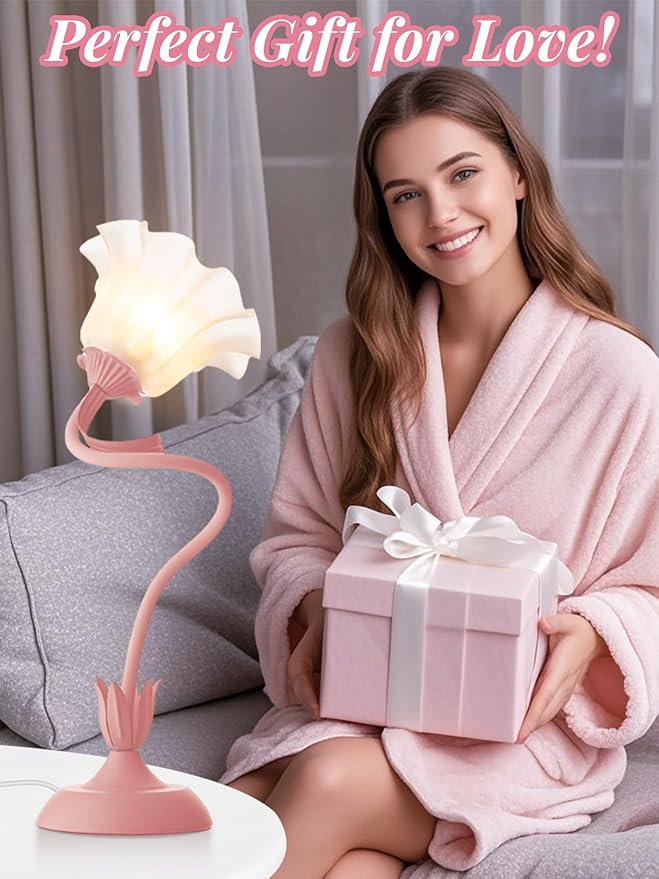 Flower Table Lamp Bedside Lamps LED Reading Light,3 Color Modes Cute Small Lamp,Vintage Flower Lamp Nightstand Lamp Kawaii Table Lamp for Bedroom Living Room Office Dorm Desk Home Decor (pink lamp)