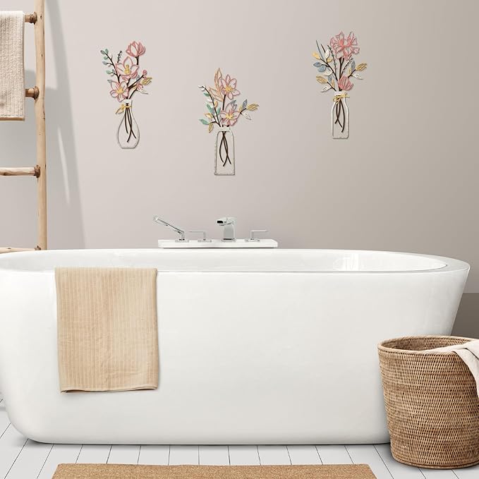 ARTINME 3 Pieces Metal Flowers Wall Arts - Pink and Beige Rustic Farmhouse Decor Minimalist Flower Wall Decors for Living room Bathroom Kitchen Bedroom Dining Room - Housewarming Gifts