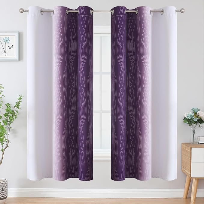 Estelar Textiler Purple and Greyish White Ombre Blackout Curtains 72 Inches Length for Bedroom, Thermal Insulated Light Blocking Grommet Gradient Blackout Drapes for Living Room, 42Wx72L, 2 Panels