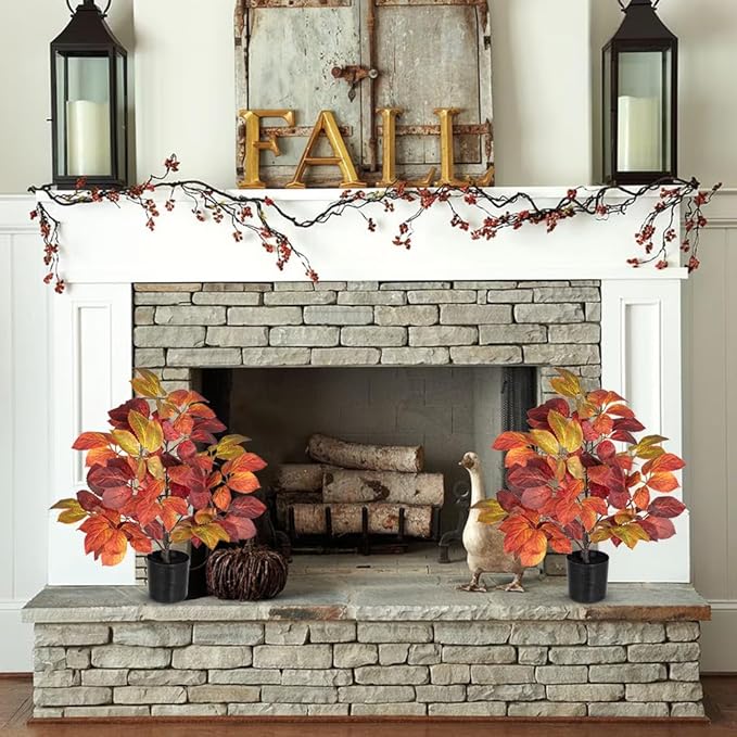 Briful 19.7" Fake Fall Tree in Black Pot, Autumn Small Artificial Beech Leaf Tree Faux Plants Indoor for Home Office Room Tabletop Mantel Thanksgiving Decor