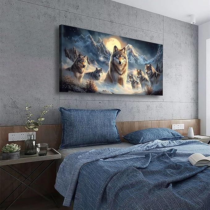 Wolf Pack Pictures Canvas Wall Art for Living room Office Bedroom Wall Decor, Moon Wall Art Print Paintings Modern The Wolf Gray Zoon Artwork Waterproof Ready to Hang-20x40inch
