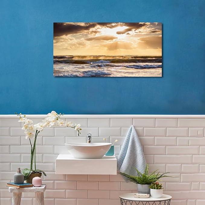 Sunset Ocean Canvas Wall Art - Ocean Waves Wall Decor Glow Sea Scene Picture Painting Nature Landscape Prints Sunset Over the Ocean Painting Artwork Living Room Bedroom Office Home 20" x 40"