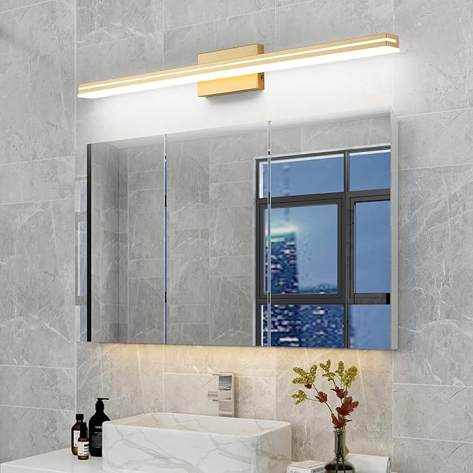 SineRise LED Modern Bathroom Vanity Light Fixtures (40-Inch, 3000K/4000K/6000K, Dimmable), Gold Modern Acrylic Bathroom Wall Lighting Fixtures Over Mirror
