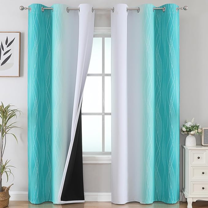 Estelar Textiler Teal and Greyish White Room Darkening Blackout Curtains 84 Inches Long for Living Room, Thermal Insulated Ombre Light Blocking Grommet Blackout Drapes for Bedroom, 42Wx84L, 2 Panels