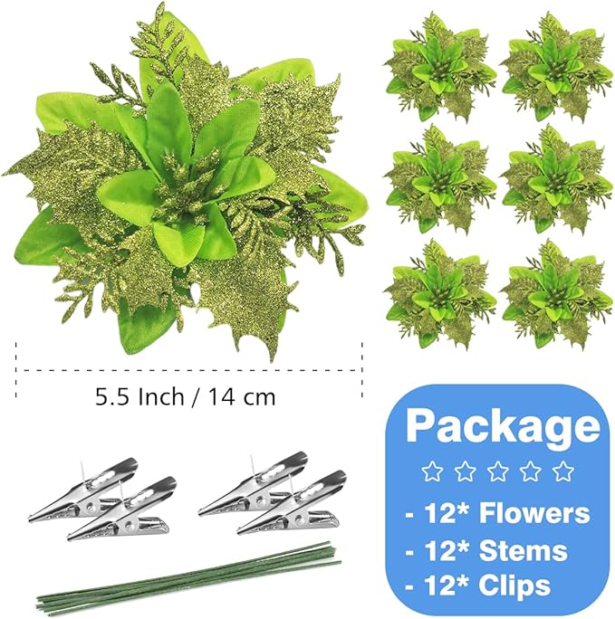 Christmas Poinsettia Artificial Flowers Decorations 5.5" Christmas Tree Wreaths Garland Decoration 12 Pcs Glitter Flowers Picks Decor for Xmas New Year Wedding Party Ornaments (Green)