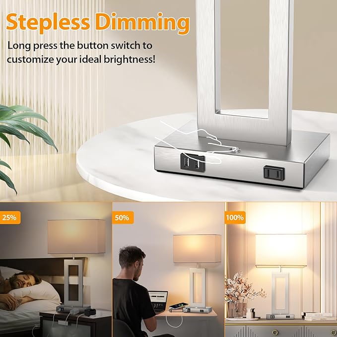 22ββ Touch Control Table Lamps Set of 2, 3 Color Temperatures Bedroom Bedside Lamps, Modern Silver Dimmable Lamps with USB Ports & AC Outlet, Tall Living Room Lamps for Nightstand End Table, 2 Bulbs