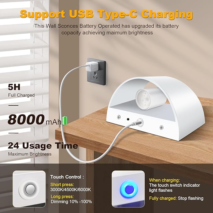 Wireless Wall Sconces Set of 2, 8000mAh White Battery Operated Wall Sconces Remote & Touch Control, 3 Color Temperatures, Timer Cordless Dimmable Light for Bedroom, Living Room, Hallway
