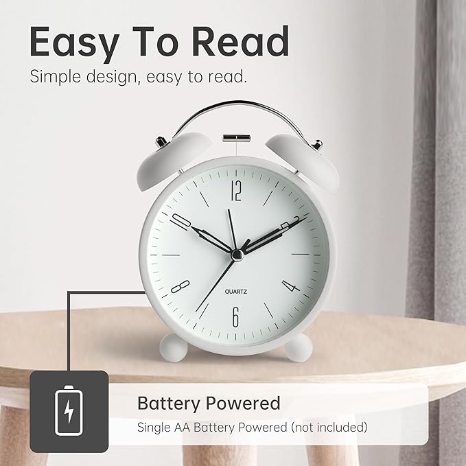 Twin Bell Loud Alarm Analog Alarm Clock, 4 inch Super Silent Non Ticking Small Clock with Night Light, Battery Operated, Simple Design, Old Fashioned, for Heavy Sleeper, Bedroom, Bedside, Desk, White
