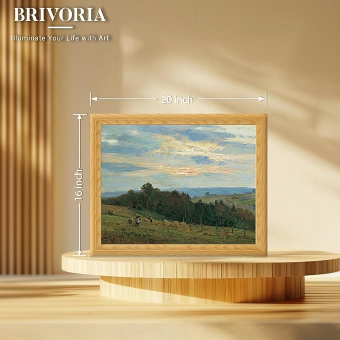 Brivoria Framed Canvas Wall Art Vintage Decor, Rustic Autumn Countryside Scene with Hillside Fields Farmers and Golden Sunset Sky for Living Room Bedroom Fireplace or Gallery Wall Display, 16"x20"