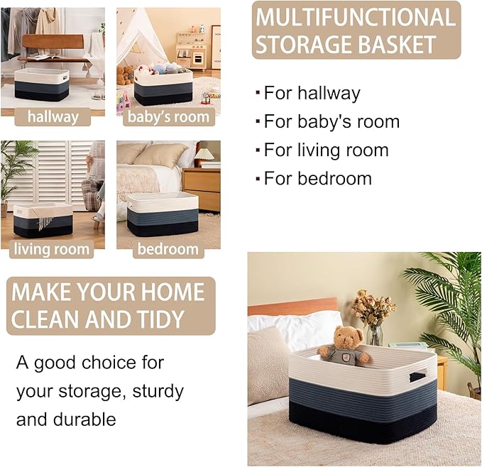 OIAHOMY 108L Large Cotton Rope Basket, Rectangle Woven Baskets for Storage, Nursery Blanket Storage Living Room, Toy Basket With Handle-25”x16”x16”-Gradient Blue