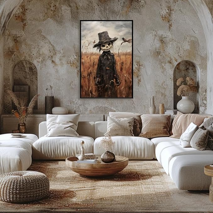 Vintage Fall Wall Art Cute Scarecrow in Field Posters Scarecrow Pictures Canvas Prints Autumn Cornfield Cottage Core Halloween Room Decor 24x36inch black framed