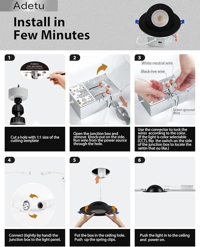 Adetu Recessed Lighting 6 inch, 360°+90° Adjustable Directional 6 inch 5CCT Gimbal Black Led Recessed Lighting, 2700K-5000K Dimmable Retrofit Eyeball Can Recessed Lights with Jbox, ET,Black (6 Pack