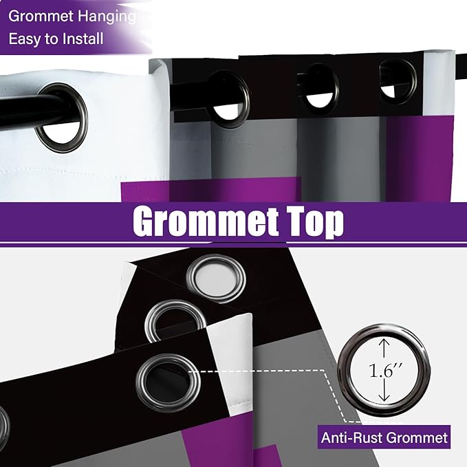 Purple 100% Blackout Curtains for Bedroom 72 inch Length 2 Panels Set Grey Modern Abstract Geometric Black Out Curtains Thermal Insulated Room Darkening Window Drapes for Living Room, 42Wx72L