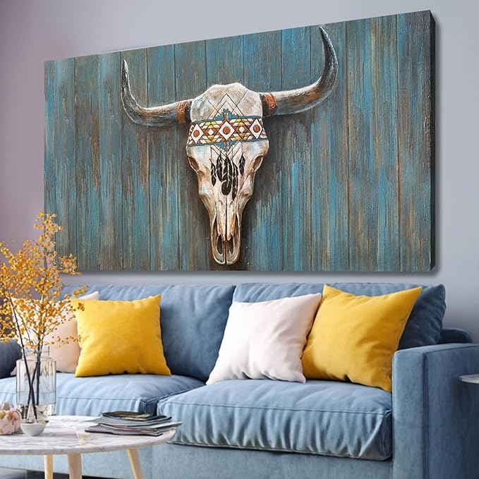 Cow Canvas Wall Art Animal Pictures for Living Room Blue Wall Decor Colorful Artwork Large Poster Prints Arts 24"x48"